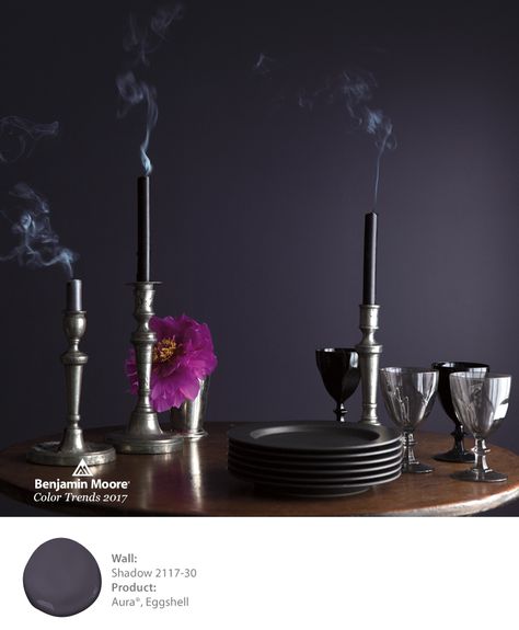 Add a dramatic flare to your dinner party. This wall is painted in Shadow 2117-30 with Aura, in an Eggshell Finish. Benjamin Moore Shadow, Purple Bedroom Paint, Jewel Tone Paint Colors, Benjamin Moore Purple, Grey Purple Paint, Dark Purple Paint, Dark Purple Wall, Purple Wall Paint, Landry Room