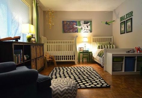 Baby Room Layout Ideas, Baby Room Layout, Ottoman Poof, Ikea Baby Room, Toddler And Baby Room, Shared Boys Rooms, Sibling Room, Cama Ikea, Shared Nursery