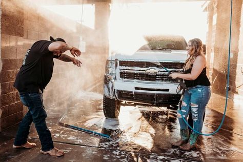 Car Wash Photo Shoot Couple, Car Wash Couples Photoshoot Truck, Vehicle Photoshoot, Car Wash Photo Shoot, Carwash Photoshoot, Car Wash Photoshoot, Runner Photography, Country Couple Photos, Creative Couples Photography