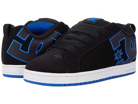 DC Court Graffik - Men's Skate Shoes : Black/Royal : A modern classic, stay true to form with the bold logo detail and reliable comfort of the DC Court Graffik skate shoes. Skateboard shoes with soft and resilient action leather uppers for abrasion resistance and durability. Foam-padded tongue and collar for added comfort and support. Soft tricot lining. Internal elastic tongue holders for added foot stability. Highly abrasion-resistant sticky rubber cup sole. Multi-tone bottom with DC's tradema Vintage Dc Shoes, Dc Court Graffik, Dc Sneakers, Dc Clothing, Dc Shoes Men, Globe Skate Shoes, Pretty Sneakers, Pretty Shoes Sneakers, Mens Skate Shoes