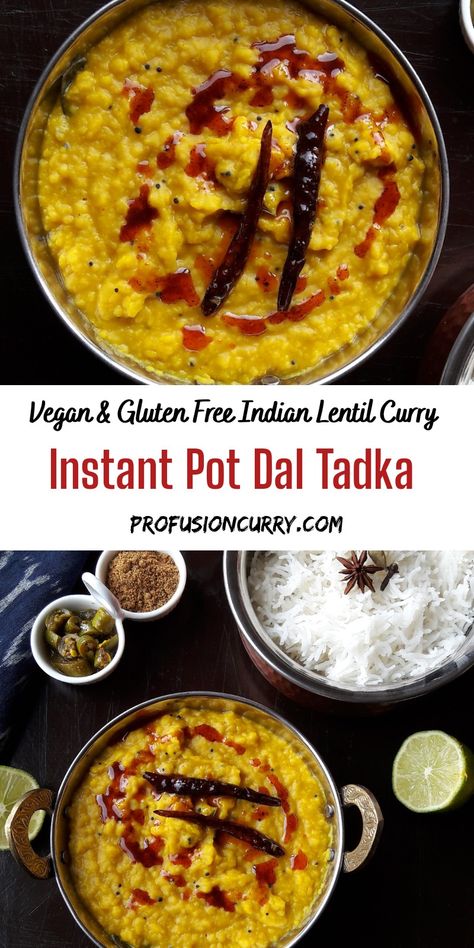 Classic comfort food ! This authentic Indian dal recipe is full of flavors. Learn to make this one pot meal in Instant Pot. Serve this vegan curry over rice for budget friendly weeknight dinner. This healthy dahl is hearty and full of plant protein. #indiancurry #dahl #dahltadka Yellow Lentil Soup, Lentil Recipes Indian, Instant Pot Dal, Dal Tadka, Dal Fry, Yellow Lentils, Dal Recipe, Lentil Curry, Lentil Recipes