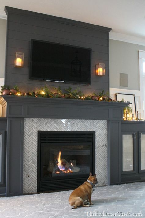 dark gray firpelace via Thrifty Decor Chick Maple Fireplace Surround, Fireplace With Beadboard, Black Fireplace With Shiplap, Plain Fireplace Ideas, Refurbish Fireplace, Monochromatic Fireplace, Urban Bronze Fireplace, Navy Fireplace Wall, Dark Shiplap Fireplace