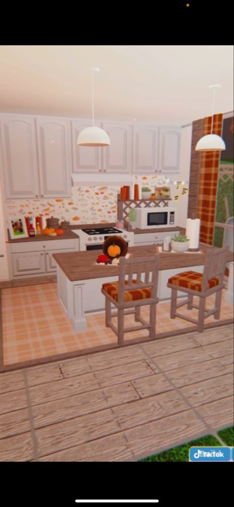 Autumn Kitchen Bloxburg, Bloxburg Kitchen Aesthetic, Bloxburg Autumn Kitchen, Bloxburg Halloween Kitchen, Fall Bloxburg Kitchen, Fall Kitchen Bloxburg, Aesthetic Bloxburg Kitchen, Fall Bloxburg Houses, Autumn Bloxburg