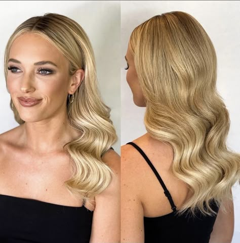 Sleek Front Wedding Hair, Crimped Bridesmaid Hair, Down Do Bridesmaid Hair, Sleek Middle Part Glam Waves, Bridal Hair Chic, Formal Hair For Round Face Shape, Down Do Wedding Hair Bridesmaid, Wedding Finger Waves, Champagne And Chanel Wedding Hair