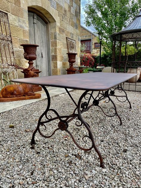 Tables & Chairs — THE JARDIN ROOM Green Metal Garden Table, French Garden Furniture Wrought Iron, Rustic Outdoor Table And Chairs, Wrought Iron Outdoor Table, Iron Outdoor Table, Wrought Iron Dining Table, Metal Outdoor Table, Wrought Iron Garden Furniture, Wrought Iron Patio Set