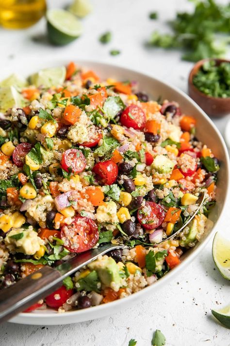 Chili Lime Quinoa Black Bean Salad (Vegan and Gluten Free) - The Real Food Dietitians Bean Salad Vegan, Quinoa Black Bean Salad, Quinoa Avocado Salad, Chili Lime Vinaigrette, Vegan Bean Salad, Corn Avocado, Lime Quinoa, Summertime Salads, Black Bean Quinoa