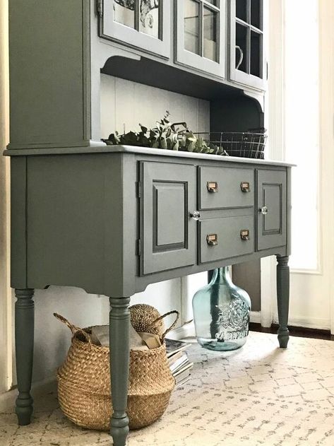 Green Hutch Makeover, Furniture Repainting, Hutch Makeover Diy, Farmhouse Hutch Makeover, Kitchen Armoire, Buying A Manufactured Home, Farmhouse Hutch, Vintage Hutch, Painted Hutch