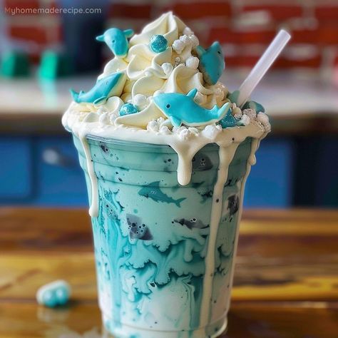 Shark Week Frappuccino - Fun and Refreshing Summer Drink - My Home Made Recipe Shark Week Drinks Alcohol, Applebees Shark Bowl Drink Copycat, Shark Ice Cream, Shark Week Mocktails, Shark Drink, Shark Drinks For Kids, Shark Week Drinks, Shark Week Party, Ocean Stuff