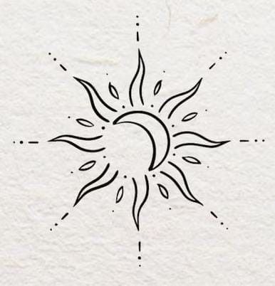 Half Moon Sun Tattoo, Sun Moon Abstract Tattoo, Moon And Sun Line Art, Sunrise And Moon Tattoo, Sun Moon Doodle, Sun And Moon Tattoo Ideas Simple, Sun And Moon Stick And Poke, Moon Inside Sun Tattoo, Symbol Of Life Tattoo