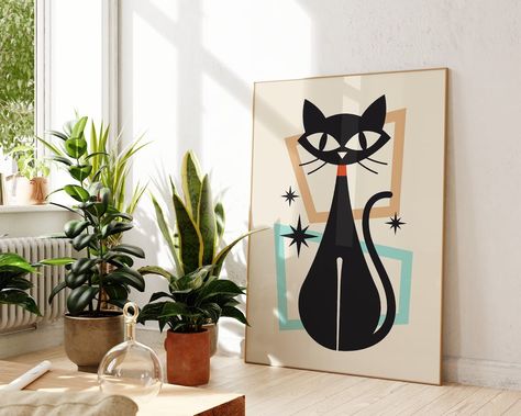 Mid Century Cat Print, Printable Retro Atomic Cat Wall Art, Modern Colorful Poster, Atomic Age Print, Black Cat Wall Art, Kids Room Decor - Etsy Modern Cat Art, Atomic Cat, Mid Century Cat, Wall Art Kids Room, Colorful Poster, Mid Century Modern Patterns, Wall Art Kids, Atomic Age, Modern Cat