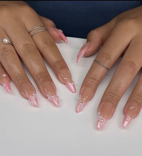 Sparkly Nails With Rhinestones, Pearl Nails Acrylic, Pink Chrome Nails, Trilogy Tour, Milky Nails, Classy Acrylic Nails, Pearl Nails, Soft Nails, Bling Acrylic Nails