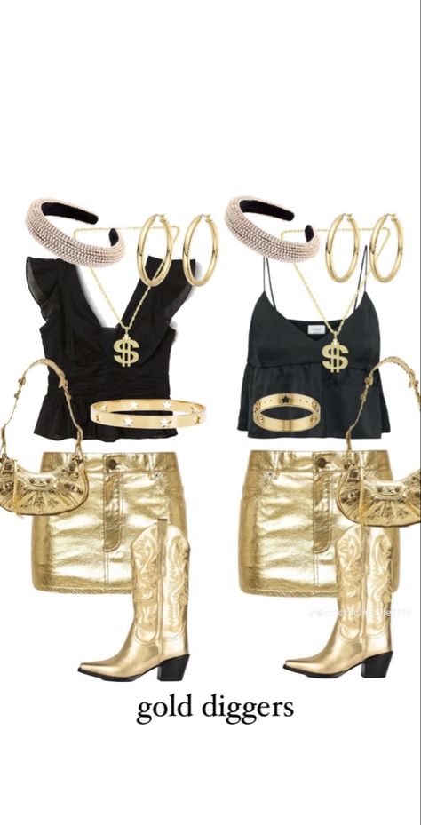 Halloween inspo Gold Digger Outfit, Gold Digger Costume, Digger Costume, Gangster Halloween Costumes, Halloween Costumes Trio, Fun Halloween Outfits, Halloween Group Costumes, Black And Gold Outfit, Halloween Duo