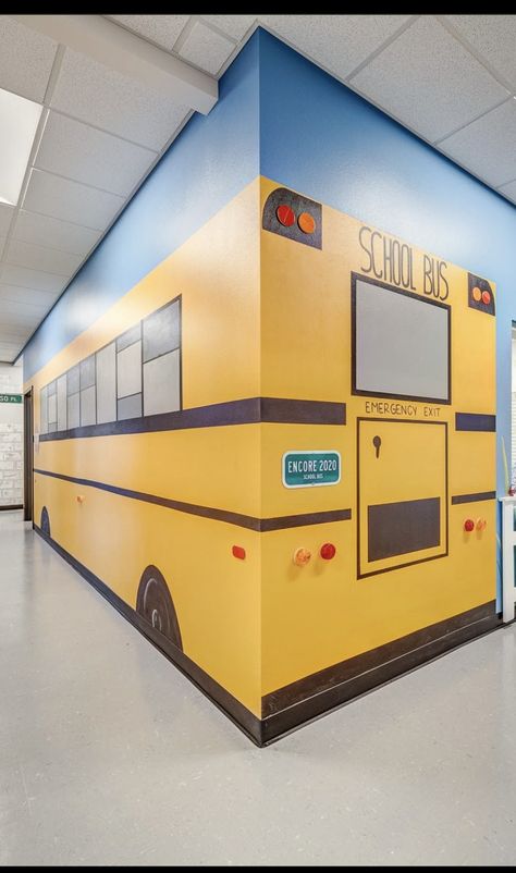 Yellow Hallway, Energy Bus, Bus Art, School Decoration, Toddler Playroom, School Murals, Magic School Bus, Marketing Campaign, School Decorations