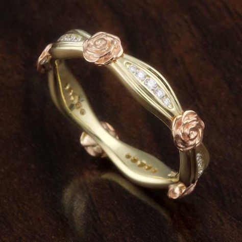 Flower Diamond Wedding Band in 14k yellow gold with 14k rose gold roses and white gold diamonds. Rose Gold Diamond Flower Ring, Rose Gold Roses, Flower Gold Ring, Gold Roses, Vintage Inspired Rings, Cute Engagement Rings, Jewelry Accessories Ideas, Rose Jewelry, Jewelry Lookbook