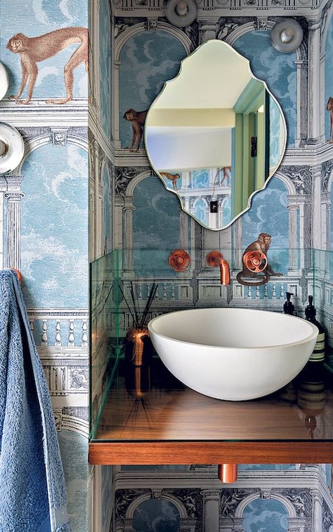 Lux Bathroom, Contemporary Powder Room, Blue Grey Wallpaper, Interior Design Wallpaper, Powder Room Makeover, Room London, Wallpaper Interior Design, Wallpaper Interior, Custom Vanity