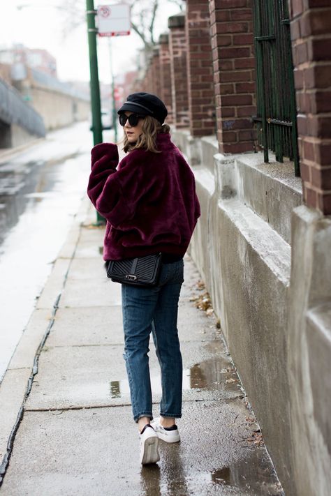 burgundy free people faux fur bomber, how to stay warm and look chic, the sneakers that elevate any outfit, how to style a graphic sweatshirt Faux Fur Jacket, Winter Women, Look Chic, Fashion Sense, Affordable Fashion, Stay Warm, Faux Fur, Free People, Everyday Fashion