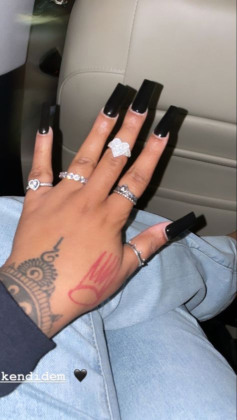 Midnight Blue Nails Acrylic Designs, Black Nails With Rhinestones Short, Black Arclyc Nails, Black Nails Black Women, Prom Toes, Black Square Acrylic Nails, All Black Nails, Nails With Nail Art, Long Black Nails