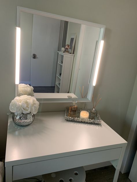 All from ikea. I bought two of these omloop lights 15” ( you have to buy a power supply cord also from Ikea). Nissedal Mirror and Micke desk. #homedecor #bedroomdecor #makeuptable #vanity Micke Desk Vanity, Ikea Micke Desk Vanity, Ikea Nissedal Mirror, Micke Ikea, Nissedal Mirror, Dressing Table With Mirror And Lights, Ikea Vanity Table, Ikea Nissedal, Ikea Dressing Table