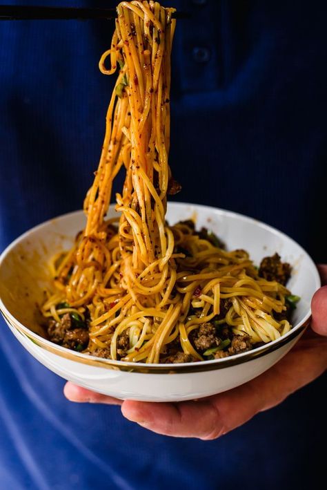 Dan Dan Noodles with Chili Oil and Szechuan Peppercorns Chili Beef Dan Dan Noodles, Spicy Szechuan Noodles, Dandan Noodles, Szechuan Peppercorn, Chili Oil Noodles, Szechuan Noodles, Oil Noodles, Noodles Spicy, Chili Oil Recipe