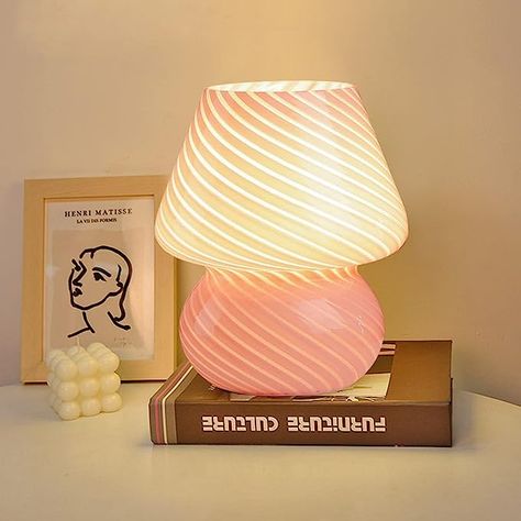 Bedroom Lilac, Bureau Aesthetic, Funky Retro Bedroom, Chambre Aestetic, Pinterest Apartment, Small Bedside Table Lamps, Aesthetic Lamps, Great Amazon Finds, Glass Bedside Lamps