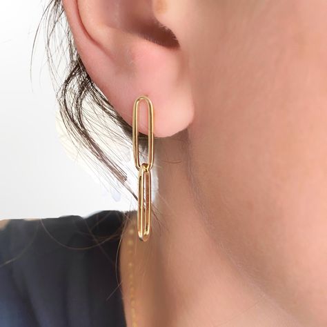 Paperclip Dangle Earrings, 14K Gold Dangle Earrings, Paperclip Earrings, Yellow Gold Statement Earrings, 14K Gold Paperclip Earrings, Holiday Gift, Dangle Earrings, Mother's Day Gift, Gift for Her, BrookeMicheleDesigns Make a statement in our 14k paperclip chain dangle earrings.  These fashionable earrings feature two interconnected paperclip chain links in a high polish finish. Details & Specifics: - 14K Yellow Gold Paperclip Links - Link measurements approximately 5mm x 12mm - High Polish Fini Paperclip Earrings, Earring Long, Graduation Rings, Fashionable Earrings, Chain Earring, Gold Dangle Earrings, Gold Anklet, Gold Statement Earrings, Solid Gold Earrings