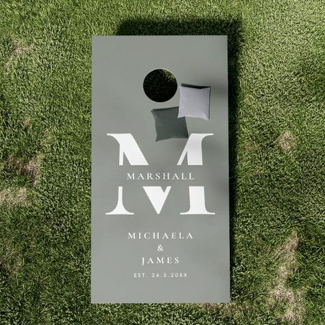 Modern Couple's Monogram, Names & Wedding Date Cornhole Set Couples Cornhole Boards, Personalized Corn Hole Boards Wedding, Mr And Mrs Cornhole Boards, Diy Painted Cornhole Boards, Diy Wedding Cornhole Boards, Custom Wedding Cornhole Boards, Cornhole Wedding Boards, Cornhole Boards Designs Wedding, Custom Cornhole Boards Design