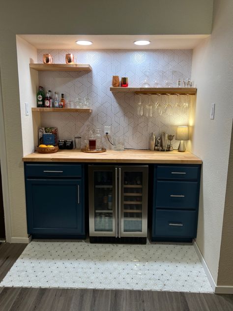 Bar With Floating Shelves, Oak Pantry, Butcher Block Shelves, Wine And Beverage Cooler, Small Wet Bar, Dry Bar Ideas, Wet Bar Basement, Basement Wet Bar, Diy Butcher Block