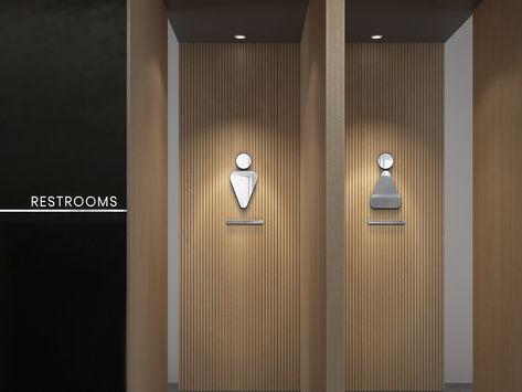 restroom signage mockup in modern interior by izhar marajo Modern Office Bathroom Design, Restroom Signage Design, Public Wc Design, Office Restroom Design, Toilet Signage Design, Public Toilet Interior, Toilet Interior Design, Restroom Interior, Wc Signage