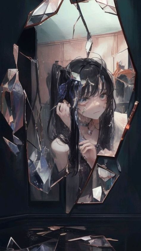 Mirror Anime Aesthetic, Mirror Reflection Art Drawing, Mirror Maze Art, Mirror Drawing Ideas Aesthetic, Girl Looking In Mirror Art, Mirror Concept Art, Anime Mirror Reflection, Mirror Anime Art, Looking At Mirror Reference