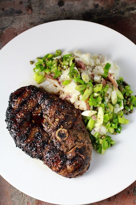 Grilled Lamb Leg Steak, Smashed Potatoes, Scallion Relish #MemorialDay #Grilling #HowToGrillLamb #SensationalSides Grilled Lamb Steak Recipes, Lamb Leg Steak Recipes Cast Iron, Lamb Steak Marinade, Grilled Lamb Leg, Lamb Leg Steak, Lamb Steak Recipes, Lamb Steak, Lamb Cuts, Lamb Steaks