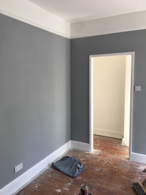 My almost complete front bedroom in Warm Pewter Complete with picture rail Room Color Design, Grey Wall Color, Picture Rail, Bedroom Wall Colors, Grey Room, Master Bedrooms Decor, Living Room Grey, Wood Flooring, Living Room Paint