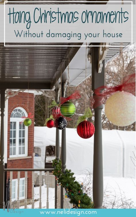 Hang Christmas balls ornaments outside, Christmas decoration, DIY, Tutorial, Ribbon, seasonal, Accrocher des décorations de Noël dehors, boules de Noël, facile #christmas #christmasdecor #outside #boulesdenoel #deconoel #tip #facile #homedecor #christmasspirit #winter Christmas Lights Outdoor Trees, Outdoor Christmas Decorations Yard, Outdoor Christmas Diy, Large Christmas Ornaments, Christmas Lights Outside, Diy Christmas Decorations For Home, Outside Christmas Decorations, Diy Christmas Lights, Hanging Christmas Lights