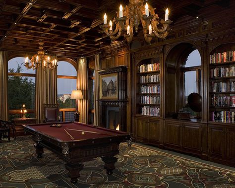 Traditional Family Room Game Room Billiard Room Design, Men Living Room, Victorian Games, Snooker Room, Pool Table Room, Traditional Family Room, Gothic Interior, Billiard Rooms, Style Anglais