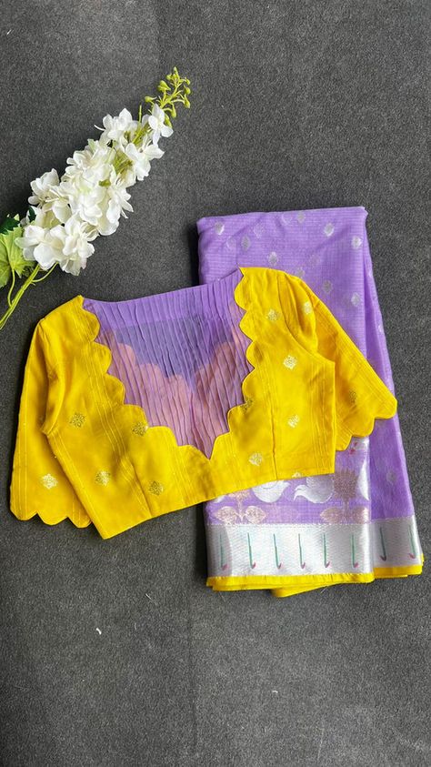 Blouse Designs For Normal Saree, Blouse Neck Designs Latest Fancy, Scallops Blouse Design, Blouse Less Designs Latest, Contrast Blouse Designs Latest, Fancy Blouses For Pattu Sarees, Party Wear Sarees Blouse Designs, Scallop Border Saree, Contrast Saree And Blouse