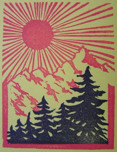 Layered Printmaking, Linocut Printmaking, Lino Art, Lino Cuts, Linocut Art, Lino Prints, Lino Cut, Mountain Scene, Tree Tattoo