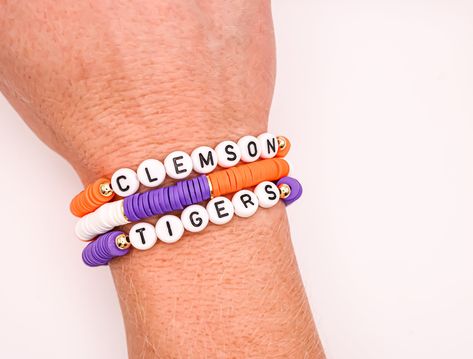 Clemson Tigers Purple and Orange Heishi Bracelet Stack - College Game Day Stack - Team Spirit - Gold-Filled Bracelets Clemson Clay Bead Bracelets, College Bracelet, College Game Day, Clay Bracelets, Heishi Bracelet, Preppy Bracelets, College Games, College Game Days, Bracelets Patterns