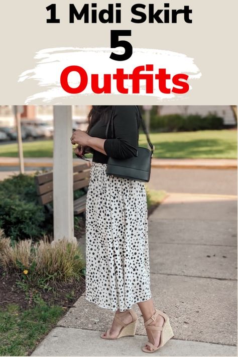 Spring Skirts Midi, Shoes Midi Skirt, Midi Skirt Capsule Wardrobe, Dalmatian Print Skirt Outfit, Shoes To Wear With Long Skirts, How To Wear Midi Skirt, How To Style Midi Skirts, How To Style A Midi Skirt, Midi Skirt Outfit Work