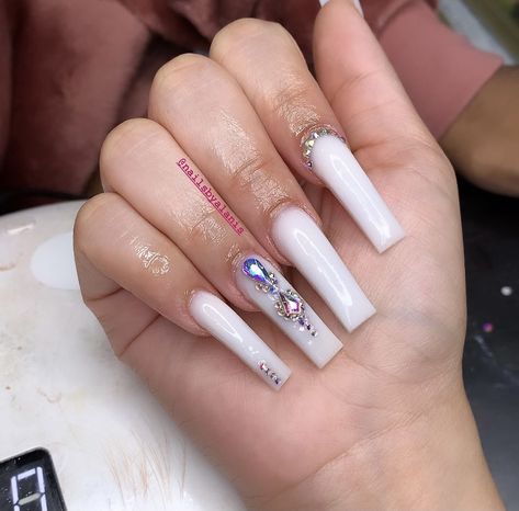 White Nail Gem Designs, Nail Diamond Placement Ideas, White Nails With Bling, Nails With Charms, Island Nails, Orange Acrylic Nails, Hoco Nails, Cross Tattoos, Plain Nails