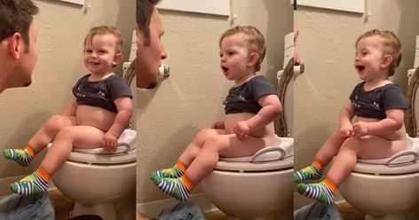 Viral Video Shows Potty-Training Toddler Lying to Dad About Pooping - Dani DeVito shared a video of her son Matt sitting on the toilet adamantly insisting to her husband Greg that he did not poop when—spoiler alert—he actually did. Toddler Potty Training, Silly Kids, Viral Video, Potty Training, Laughing So Hard, Boy Names, Funny Babies, Halloween Crafts, Funny Gif