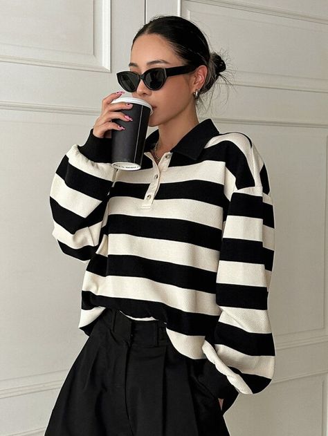 DAZY Striped Polo Neck Drop Shoulder Sweatshirt | SHEIN USA Striped Tshirt Outfits, Polo Shirt Outfit Women's, White Striped Shirt Outfit, Outfits With Striped Shirts, Shein Finds, Polo Shirt Outfits, Polo Outfit, Drop Shoulder Sweatshirt, Dropped Shoulder Sweatshirt