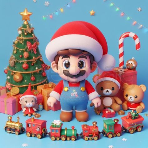 Lindo bebé Mario Santa Claus con un árbol de navidad, luces, regalos, trenes de juguete Santa Claus, Mario, Anime