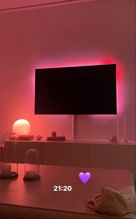 Sick Bedroom Ideas, Mounted Tv Aesthetic, Neon Sign In Room, Cool Room Lights, Cool Lights For Room, Creative Apartment, Tv Wall Decor Small Space, Apartment Room Aesthetic, Vibey Living Room