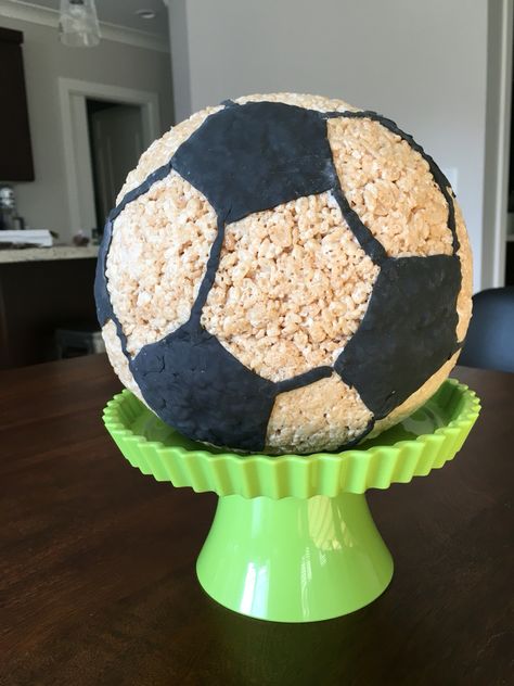 Rice Krispy Soccer Ball Rice Krispie Soccer Ball, Soccer Ball Rice Krispie Treats, Soccer Rice Krispie Treats, Rice Krispie Cakes, Soccer Cake, Sports Theme Birthday, Rice Krispy, Soccer Party, Rice Crispy Treats