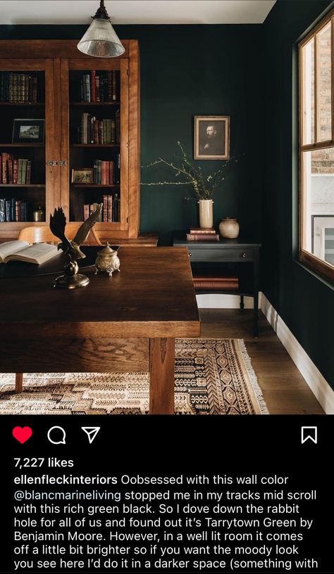 Essex Green Palette, Living Room Paint With Wood Trim, Dark Colored Office, Dark Green Stained Wood, Dark Wood Floors Green Walls, Darkest Green Paint Colors, Moody Ranch House, Moody Green Sherwin Williams, Green Walls Wood Trim