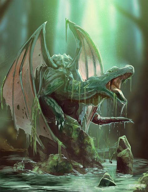 Green Dragon Art, Swamp Dragon, Dragon's Lair, Dnd Dragons, Dnd Monsters, Dragon Pictures, Fantasy Images, Fantasy Places, Green Dragon