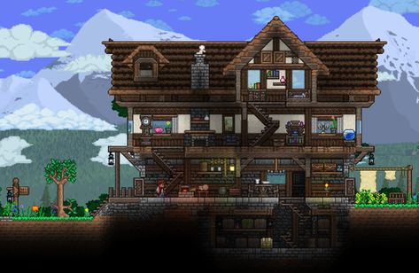 Terraria Cavern House Ideas, Terraria Cottage, Terraria Starter House Ideas, Terraria Cabin, Terraria Tavern Build, Terraria Starter House, Terraria House Ideas Simple, Terraria Medieval House, Npc House Terraria