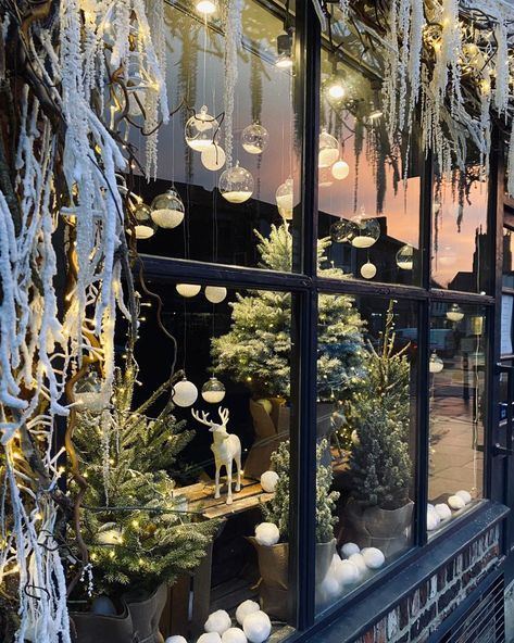 Instagram Winter Storefront Window Displays, Window Hanging Decor Ideas, January Store Window Display Ideas, Winter Wonderland Store Window Display, Winter Store Window Displays, Winter Window Display Store Fronts, Fake Snow Window Ideas, Fall Window Display Store Fronts, Winter Window Decorations