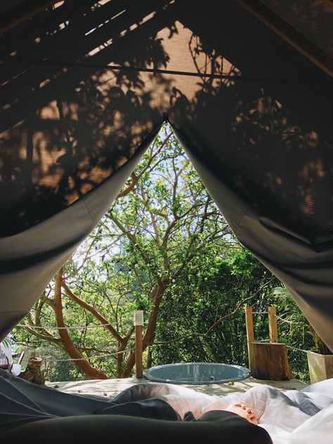 Woke up to this sunny view in the middle of the forest. Teva Glamping. Travel aesthetic. Glamping Aesthetic, Forest Glamping, Boho Tent, Camping Aesthetic, Luxury Camping, Vision Boards, 2024 Vision, Travel Aesthetic, Glamping