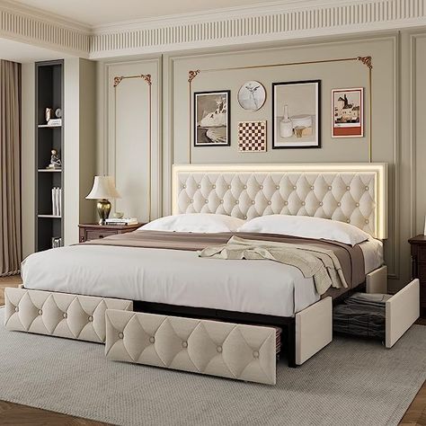 Amazon.com: Keyluv Queen Upholstered LED Bed Frame with 4 Drawers, Velvet Platform Storage Bed with Adjustable Button Tufted Headboard and Solid Wooden Slats Support, No Box Spring Needed, Beige : Home & Kitchen Full Size Storage Bed, Cama Queen Size, Led Bed Frame, Cama King Size, Full Size Platform Bed, Queen Size Platform Bed, Cama King, Queen Platform Bed, Cama Queen