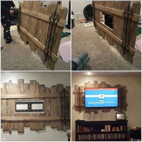 Pallet Entertainment Centers, Deco Tv, Wood Pallet Beds, Iron Fencing, Flex Seal, Tv Backdrop, Pallet Home Decor, Tv Watching, Pallet Beds